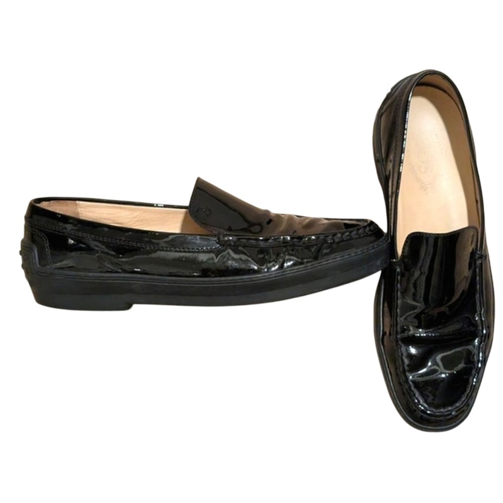 Tod's Womens 42 12 Shiny Black Patent Leather Slip On Loafers Driving Shoes